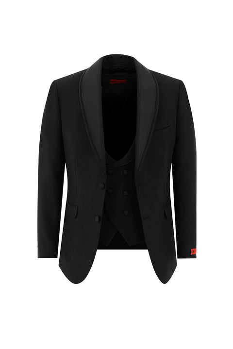 Siyah 7 Drop Slim Fit Dar Kesim Şal Yaka Yelekli Smokin & Damatlık