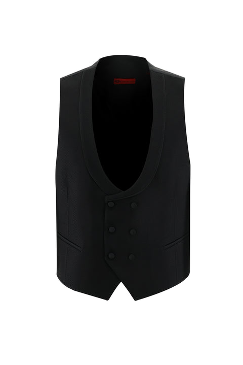 Siyah 7 Drop Slim Fit Dar Kesim Şal Yaka Yelekli Smokin & Damatlık