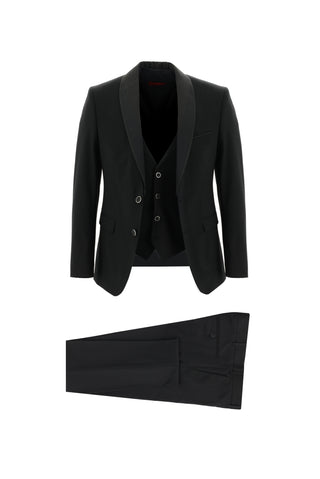  Siyah Slim Fit Dar Kesim Şal Yaka Yelekli Smokin & Damatlık