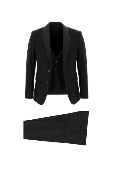 Siyah Slim Fit Dar Kesim Şal Yaka Yelekli Smokin & Damatlık