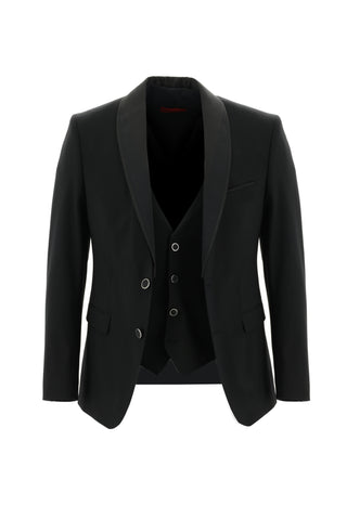  Siyah Slim Fit Dar Kesim Şal Yaka Yelekli Smokin & Damatlık