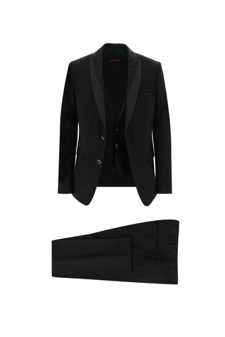  Siyah 7 Drop Slim Fit Dar Kesim Şal Yaka Yelekli Smokin & Damatlık