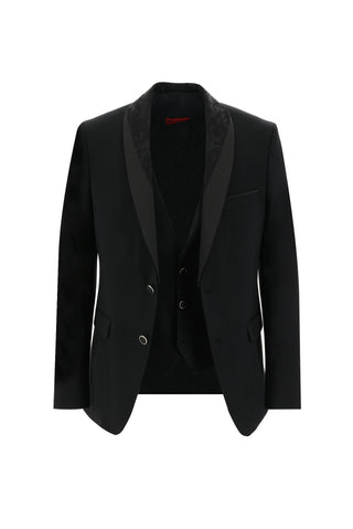  Siyah 7 Drop Slim Fit Dar Kesim Şal Yaka Yelekli Smokin & Damatlık