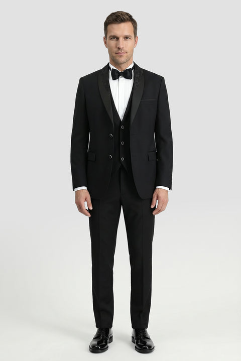 Siyah 7 Drop Slim Fit Dar Kesim Şal Yaka Yelekli Smokin & Damatlık
