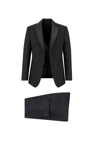  Siyah Slim Fit Dar Kesim Şal Yaka Yelekli Smokin & Damatlık