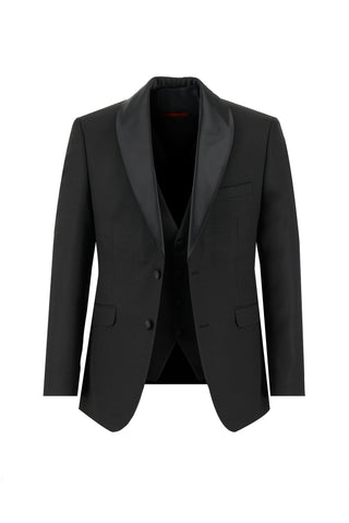  Siyah Slim Fit Dar Kesim Şal Yaka Yelekli Smokin & Damatlık