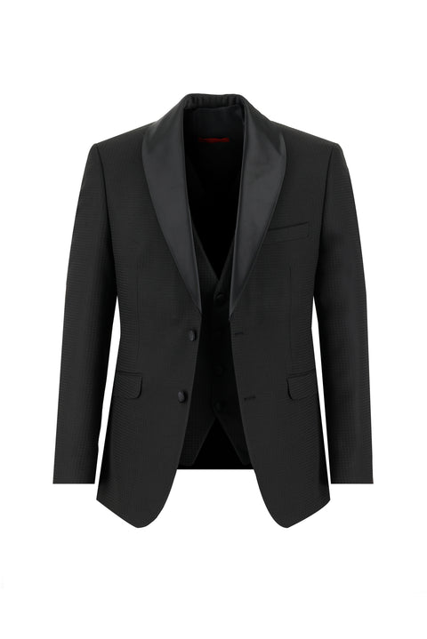 Siyah 7 Drop Slim Fit Dar Kesim Şal Yaka Yelekli Smokin & Damatlık