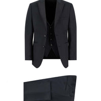 Siyah 7 Drop Slim Fit Dar Kesim Sivri Yaka Yelekli Smokin & Damatlık