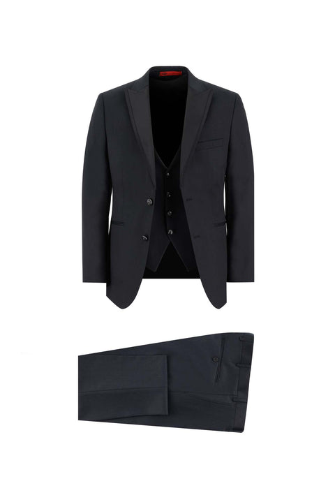 Siyah 7 Drop Slim Fit Dar Kesim Sivri Yaka Yelekli Smokin & Damatlık