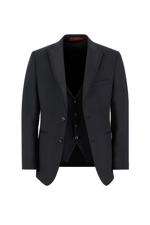 Siyah 7 Drop Slim Fit Dar Kesim Sivri Yaka Yelekli Smokin & Damatlık