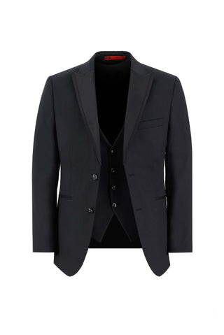  Siyah 7 Drop Slim Fit Dar Kesim Sivri Yaka Yelekli Smokin & Damatlık