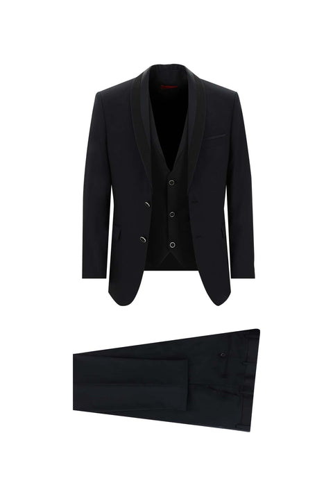 Siyah 7 Drop Slim Fit Dar Kesim Şal Yaka Yelekli Smokin & Damatlık