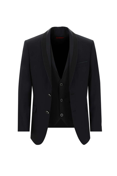 Siyah 7 Drop Slim Fit Dar Kesim Şal Yaka Yelekli Smokin & Damatlık