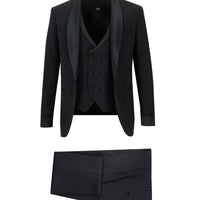 Siyah 7 Drop Super Slim Fit Eksra Dar Kesim Şal Yaka Yelekli Smokin & Damatlık