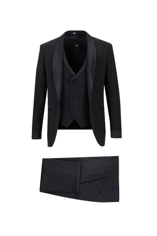 Siyah 7 Drop Super Slim Fit Eksra Dar Kesim Fit Şal Yaka Yelekli Smokin & Damatlık