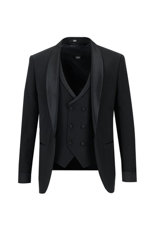  Siyah 7 Drop Super Slim Fit Eksra Dar Kesim Fit Şal Yaka Yelekli Smokin & Damatlık