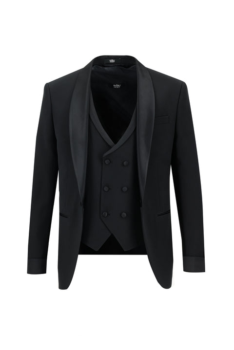 Siyah 7 Drop Super Slim Fit Eksra Dar Kesim Şal Yaka Yelekli Smokin & Damatlık