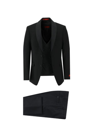  Siyah 7 Drop Slim Fit Dar Kesim Şal Yaka Yelekli Smokin & Damatlık