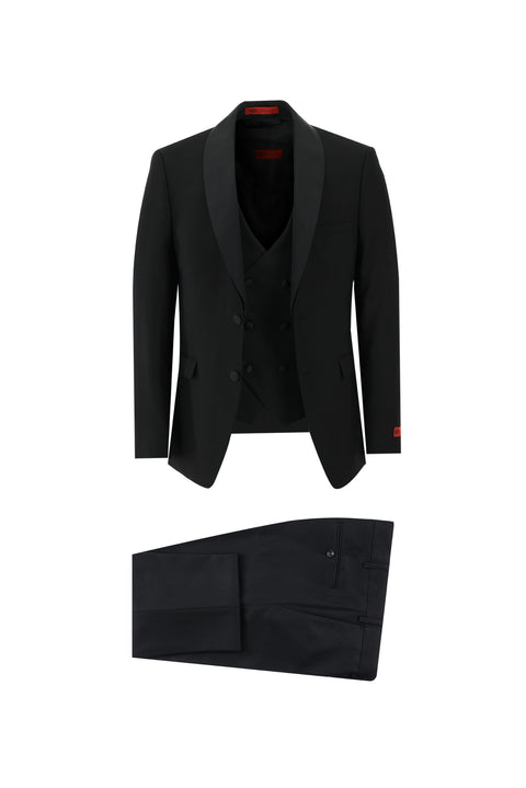 Siyah 7 Drop Slim Fit Dar Kesim Şal Yaka Yelekli Smokin & Damatlık