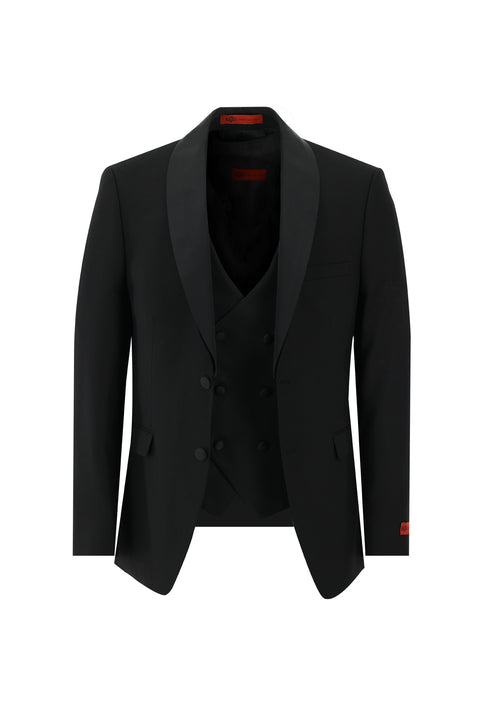 Siyah 7 Drop Slim Fit Dar Kesim Şal Yaka Yelekli Smokin & Damatlık