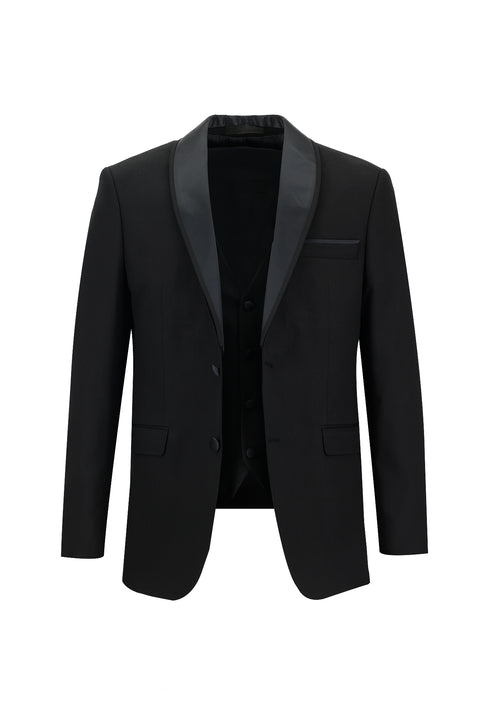 Siyah 7 Drop Slim Fit Dar Kesim Şal Yaka Yelekli Smokin & Damatlık