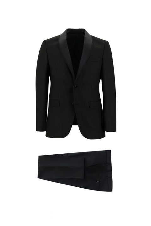 Siyah 7 Drop Slim Fit Dar Kesim Şal Yaka Smokin & Damatlık