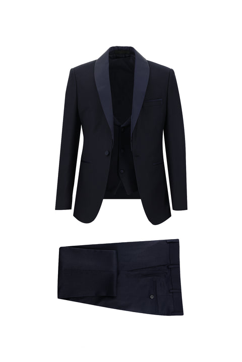 Koyu Lacivert 7 Drop Slim Fit Dar Kesim Şal Yaka Smokin & Damatlık
