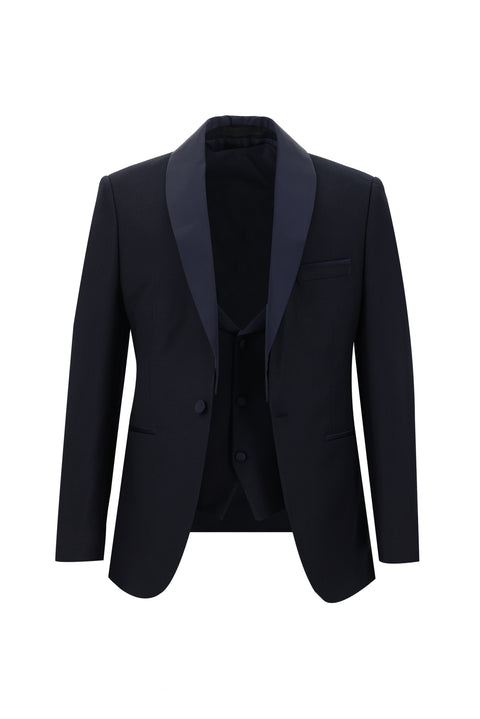 Koyu Lacivert 4 Drop Relaxed Fit Rahat Kesim Şal Yaka Smokin & Damatlık