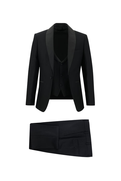 Siyah 7 Drop Slim Fit Dar Kesim Şal Yaka Smokin & Damatlık