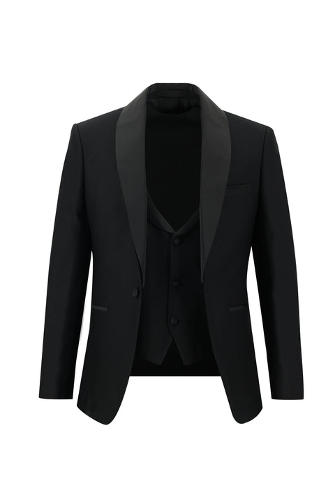 Siyah 7 Drop Slim Fit Dar Kesim Şal Yaka Smokin & Damatlık