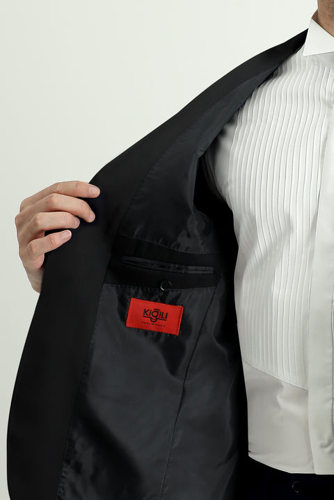 Siyah 6 Drop Regular Fit Standart Kesim Şal Yaka Smokin & Damatlık