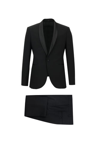  Siyah 7 Drop Slim Fit Dar Kesim Şal Yaka Yünlü Smokin & Damatlık