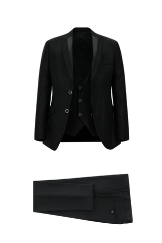  Siyah Slim Fit Dar Kesim Sivri Yaka Yelekli Smokin & Damatlık