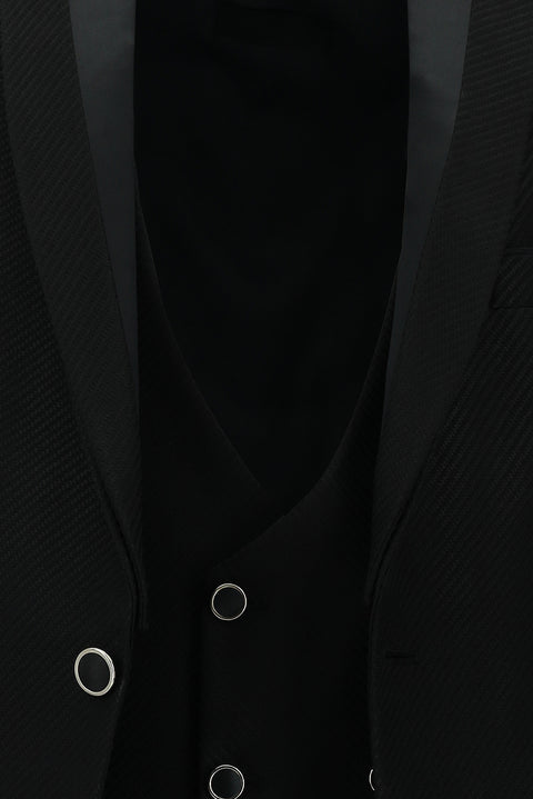 Siyah 7 Drop Slim Fit Dar Kesim Sivri Yaka Yelekli Smokin & Damatlık