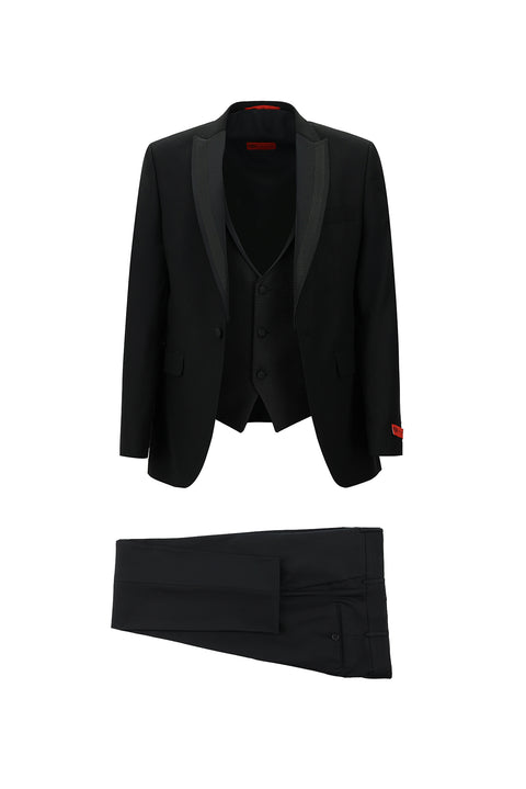 Siyah 7 Drop Slim Fit Dar Kesim Sivri Yaka Yelekli Smokin & Damatlık