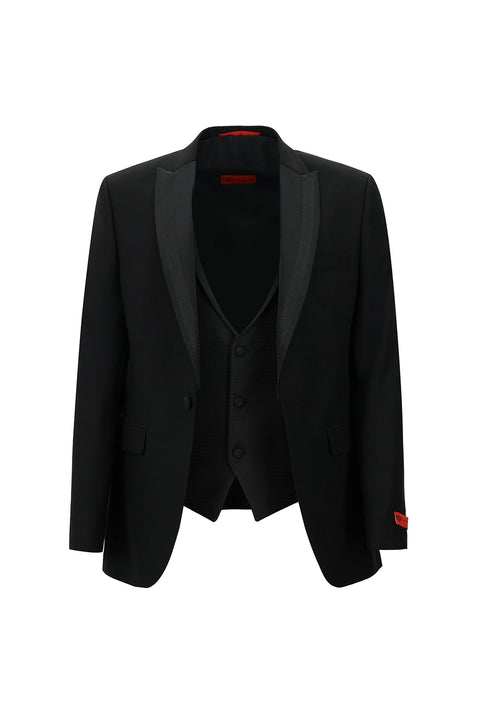 Siyah 7 Drop Slim Fit Dar Kesim Sivri Yaka Yelekli Smokin & Damatlık