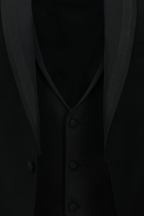 Siyah 7 Drop Slim Fit Dar Kesim Sivri Yaka Yelekli Smokin & Damatlık