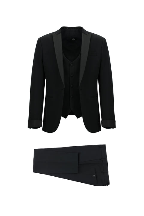 Siyah 7 Drop Super Slim Fit Eksra Dar Kesim Sivri Yaka Yelekli Smokin & Damatlık