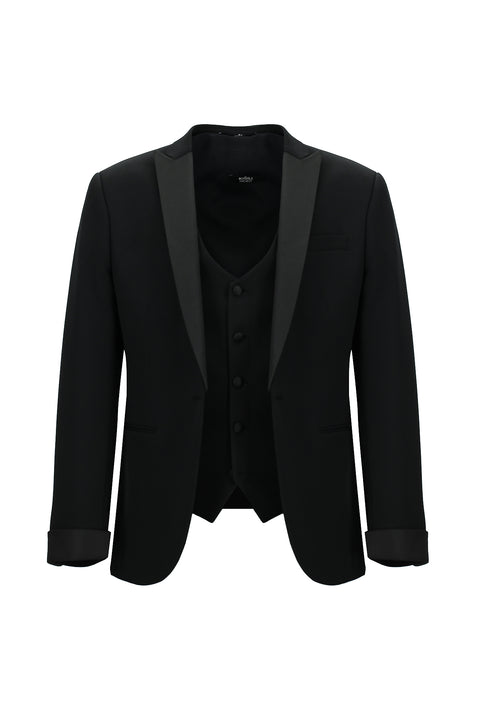 Siyah 7 Drop Super Slim Fit Eksra Dar Kesim Sivri Yaka Yelekli Smokin & Damatlık
