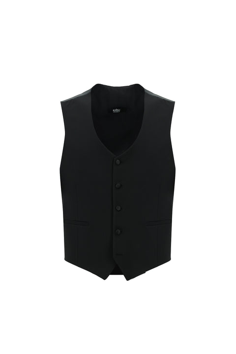 Siyah 7 Drop Super Slim Fit Eksra Dar Kesim Sivri Yaka Yelekli Smokin & Damatlık