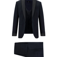 Koyu Lacivert 7 Drop Super Slim Fit Eksra Dar Kesim Fit Sivri Yaka Yelekli Smokin & Damatlık