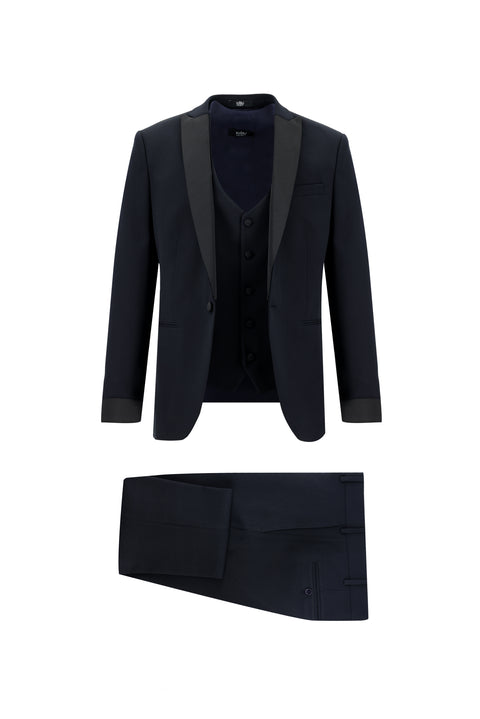 Koyu Lacivert 7 Drop Super Slim Fit Eksra Dar Kesim Fit Sivri Yaka Yelekli Smokin & Damatlık