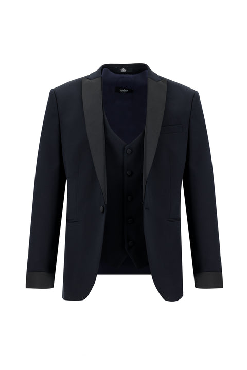 Koyu Lacivert 7 Drop Super Slim Fit Eksra Dar Kesim Fit Sivri Yaka Yelekli Smokin & Damatlık