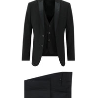 Siyah Slim Fit Dar Kesim Sivri Yaka Yelekli Smokin & Damatlık
