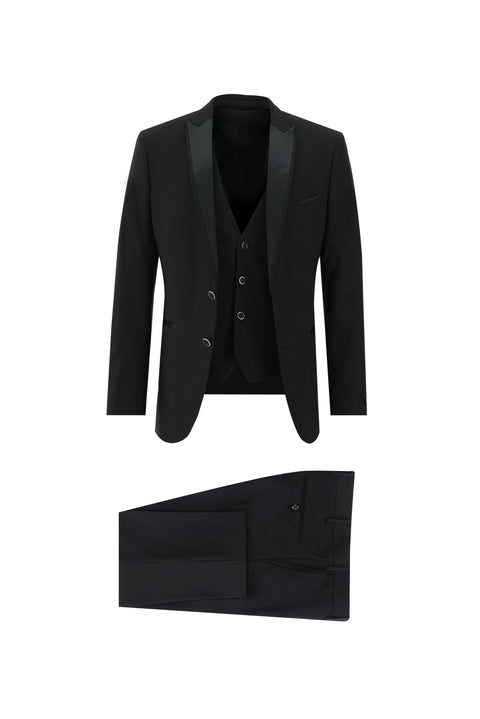 Siyah 7 Drop Slim Fit Dar Kesim Sivri Yaka Yelekli Smokin & Damatlık