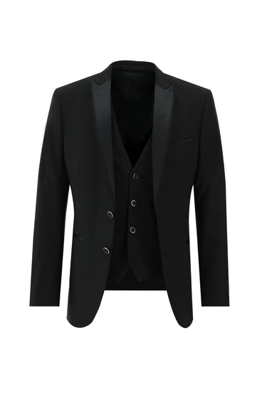 Siyah Slim Fit Dar Kesim Sivri Yaka Yelekli Smokin & Damatlık