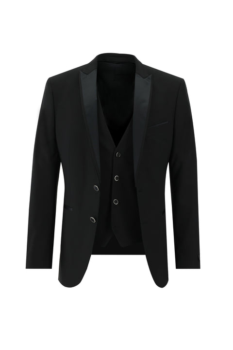 Siyah 7 Drop Slim Fit Dar Kesim Sivri Yaka Yelekli Smokin & Damatlık