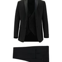 Siyah Slim Fit Dar Kesim Sivri Yaka Yelekli Smokin & Damatlık