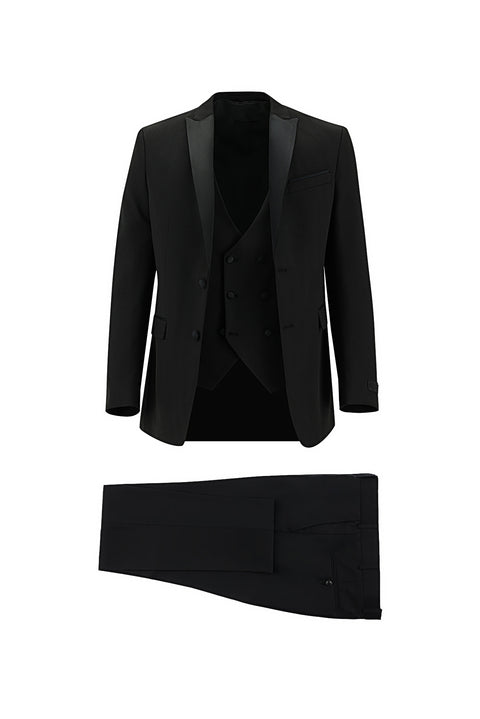 Siyah 7 Drop Slim Fit Dar Kesim Sivri Yaka Yelekli Smokin & Damatlık