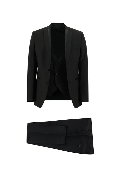 Siyah 7 Drop Slim Fit Dar Kesim Sivri Yaka Yelekli Smokin & Damatlık